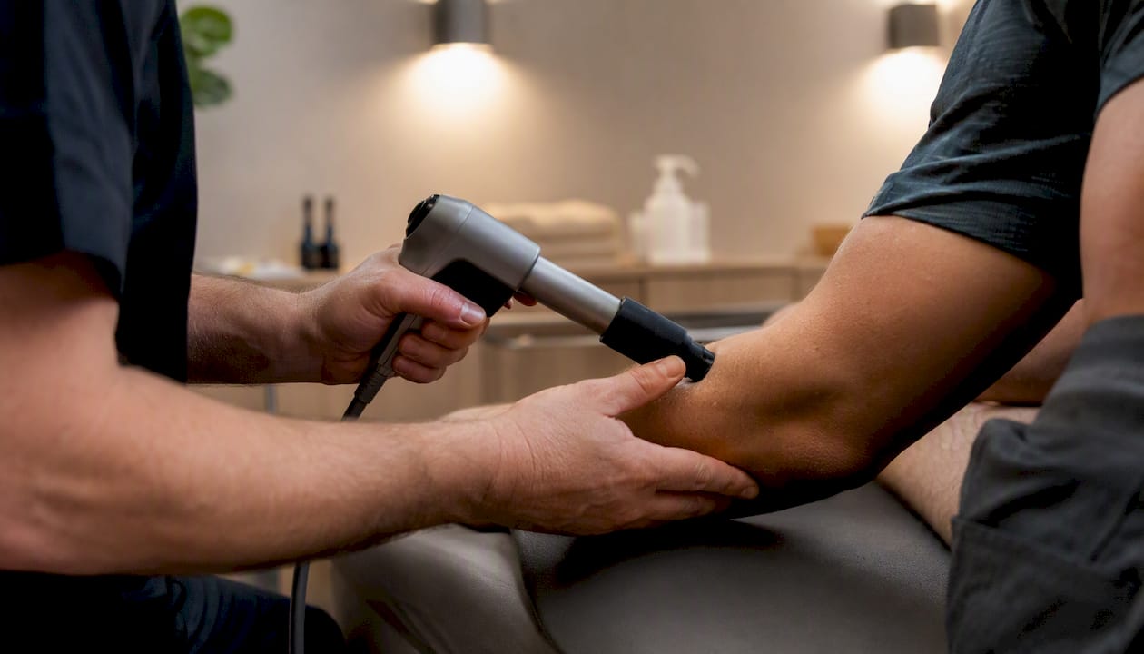 Shockwave therapy device on elbow treatment