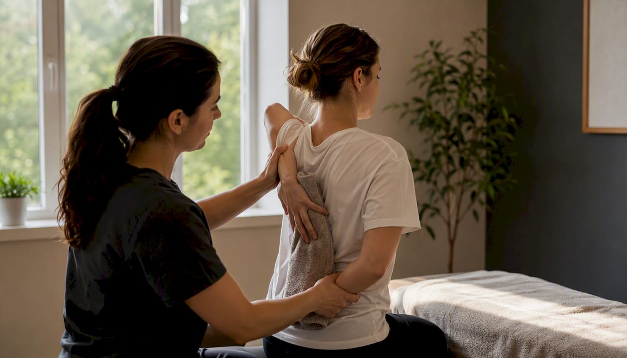 Patient guided towel stretch in clinic