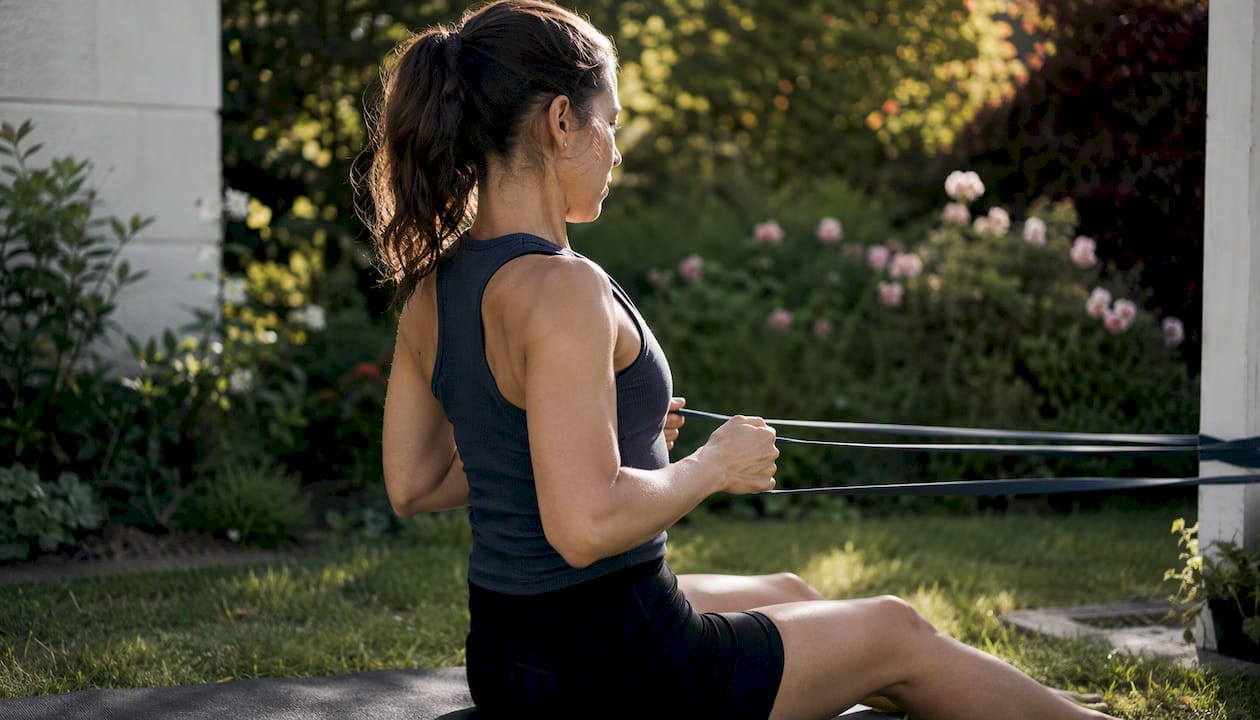 Person doing scapular set row with resistance band