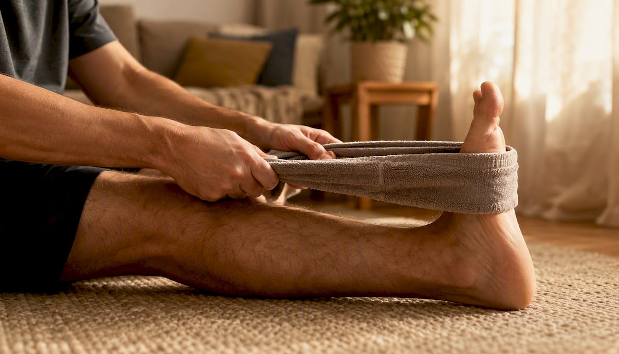 Performing calf and foot stretch with towel