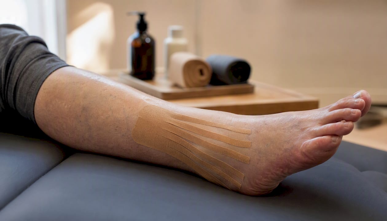 Lymphatic drainage taping technique with multiple tape tails on ankle
