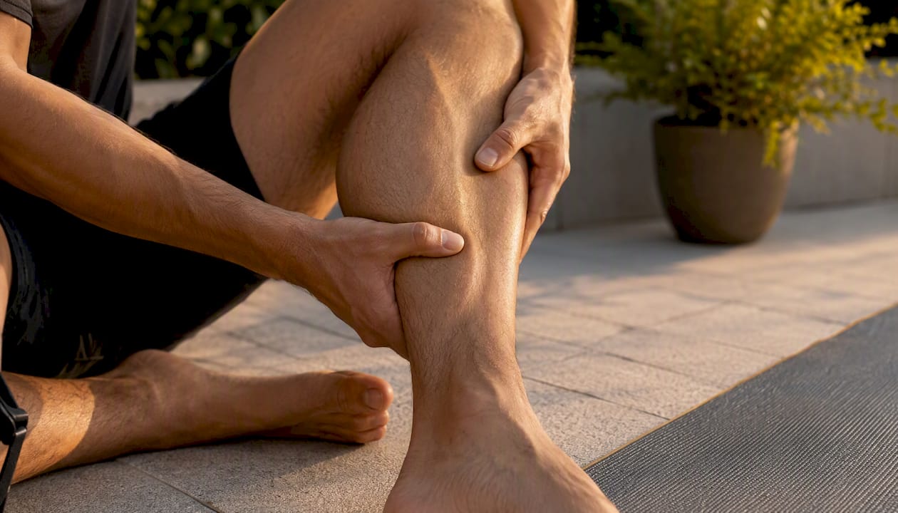 Runner self-massaging calf muscles at home