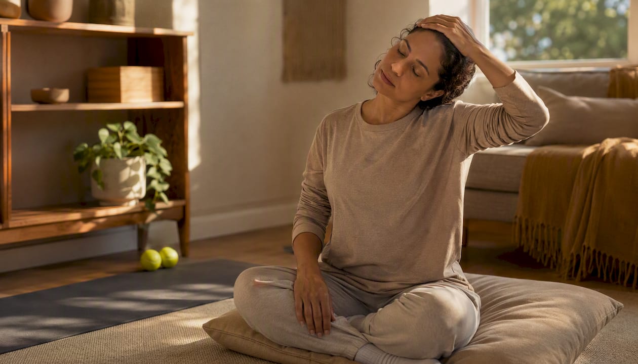 Person doing neck stretch at home