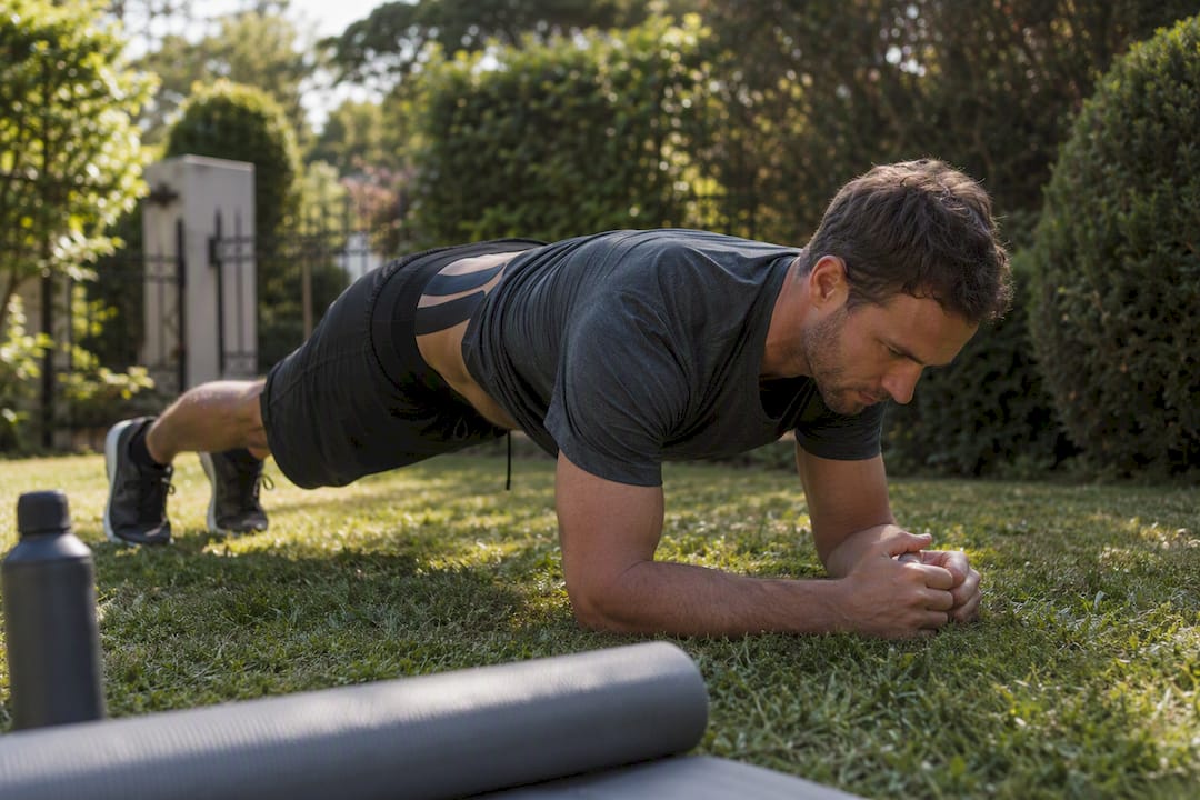 Athlete doing rehab exercise with kinesio tape