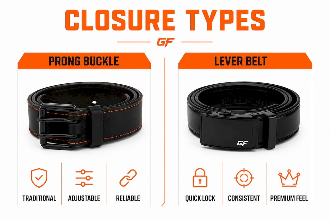 Infographic comparing prong buckle vs lever lifting belts