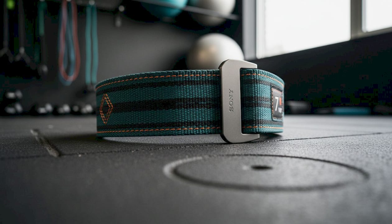 Close-up of leather lifting belt materials and stitching quality