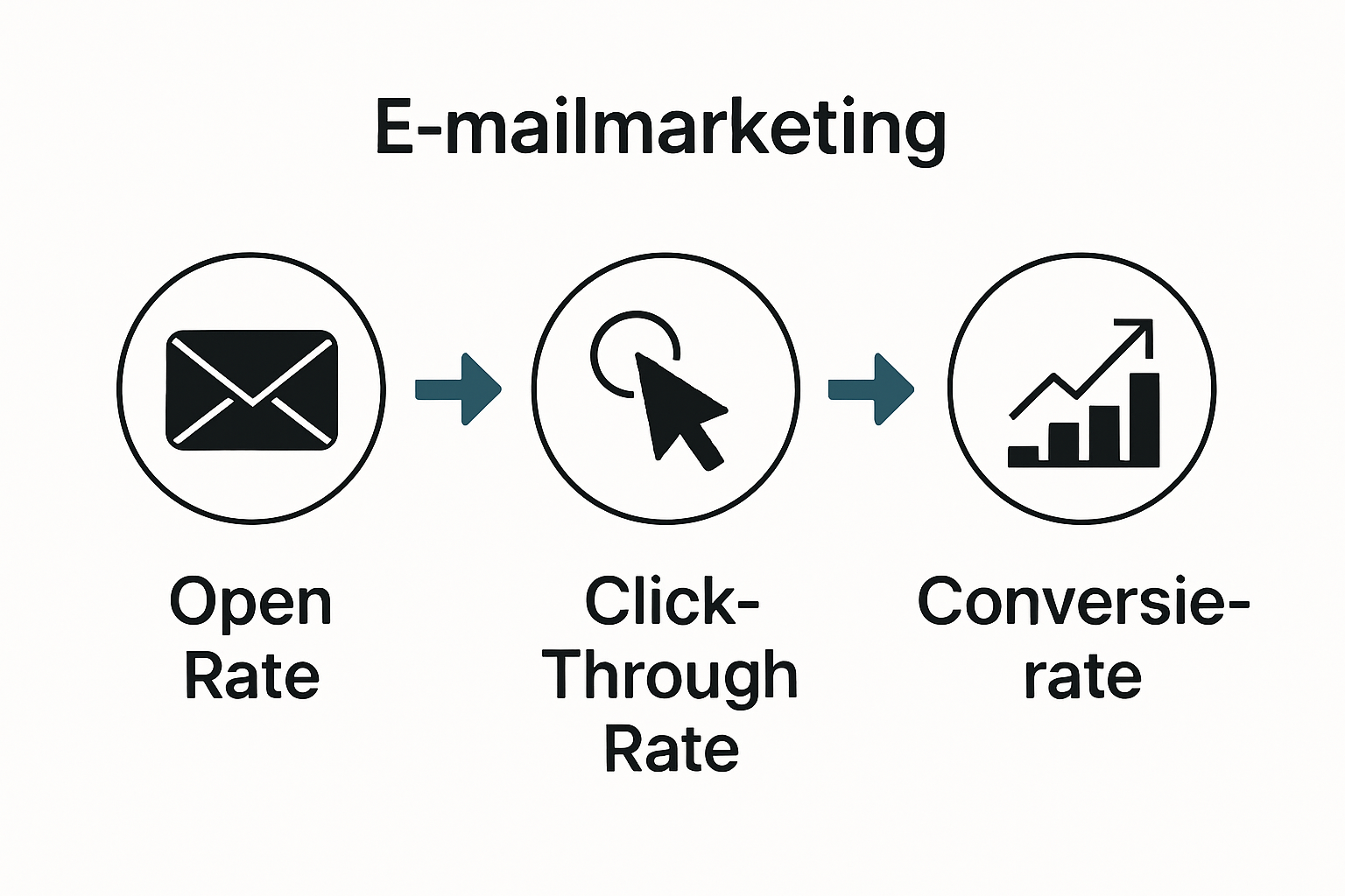 Infographic met drie KPI-iconen voor e-mailmarketing: open rate, click rate en conversie.