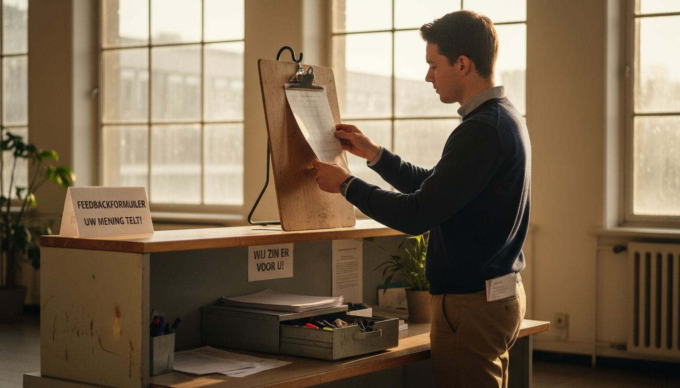 Een medewerker laat een ingevuld feedbackformulier achter in de hal.