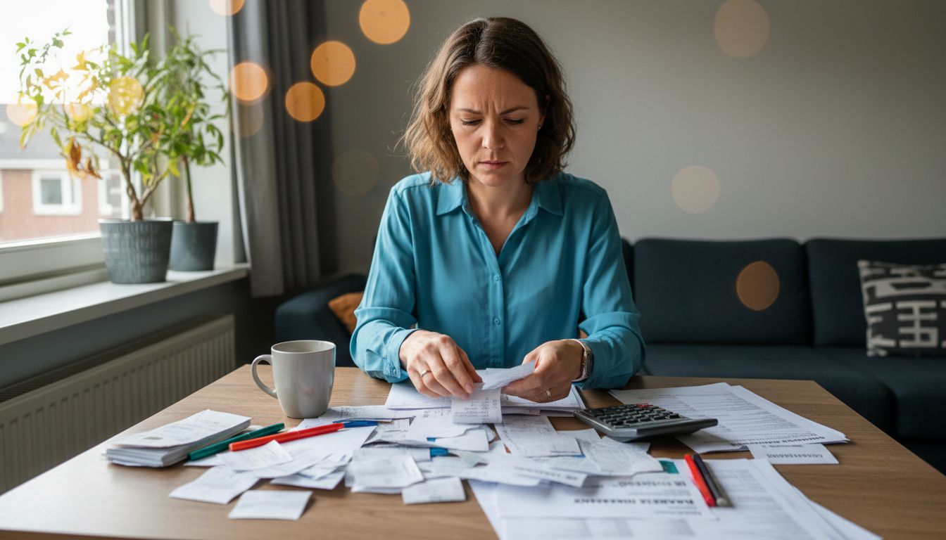 Vrouw aan de keukentafel bezig met het ordenen van haar inkomsten en uitgaven.
