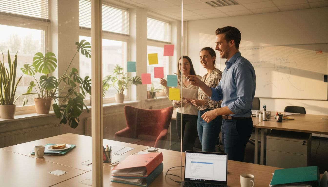 Medewerkers die in een informele sfeer samenwerken op kantoor.