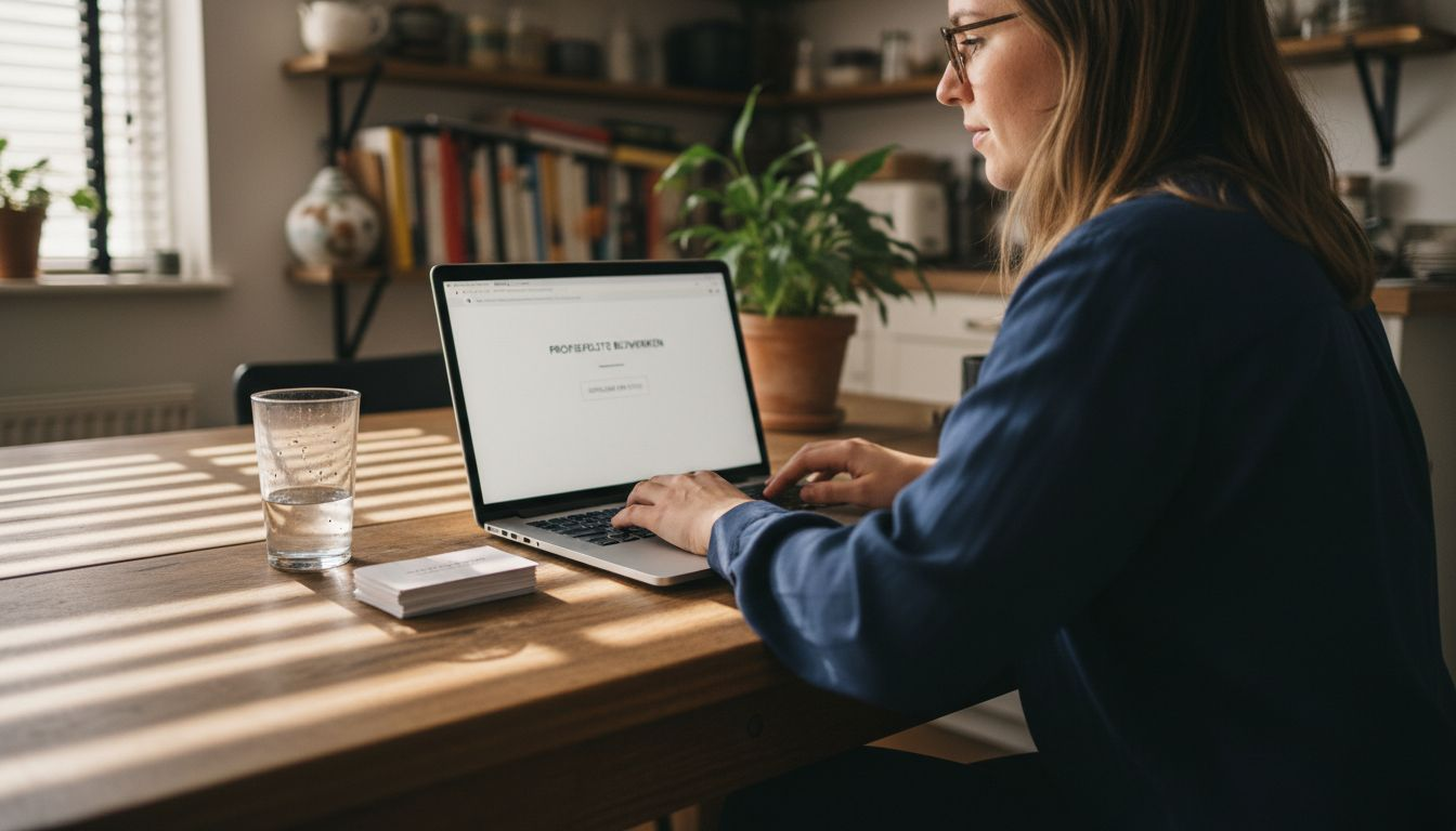 Vrouw werkt aan haar online profiel aan de keukentafel
