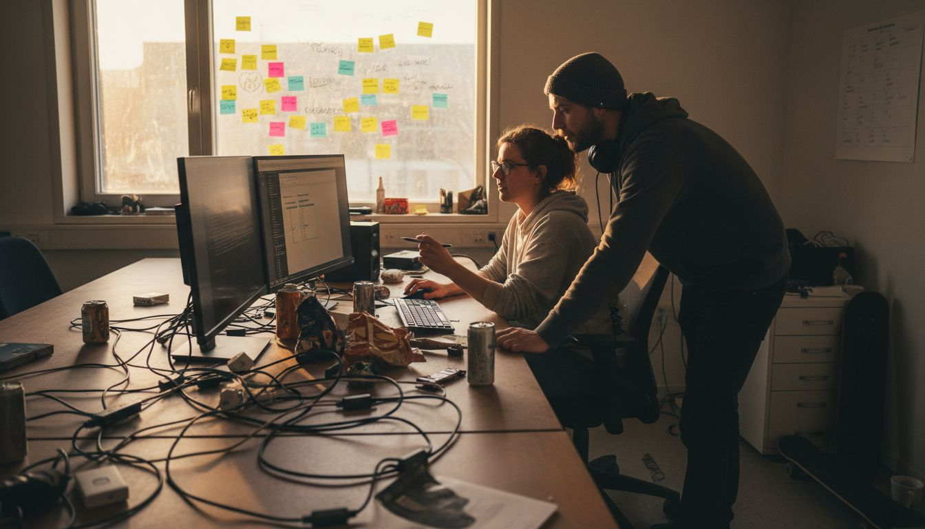 In een hippe start-up zitten developers samen te brainstormen over hun code.