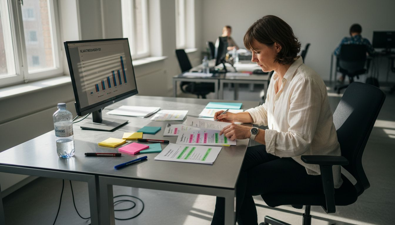 Een medewerker van een startup buigt zich over geprinte klantbeoordelingen om te ontdekken wat er beter kan.