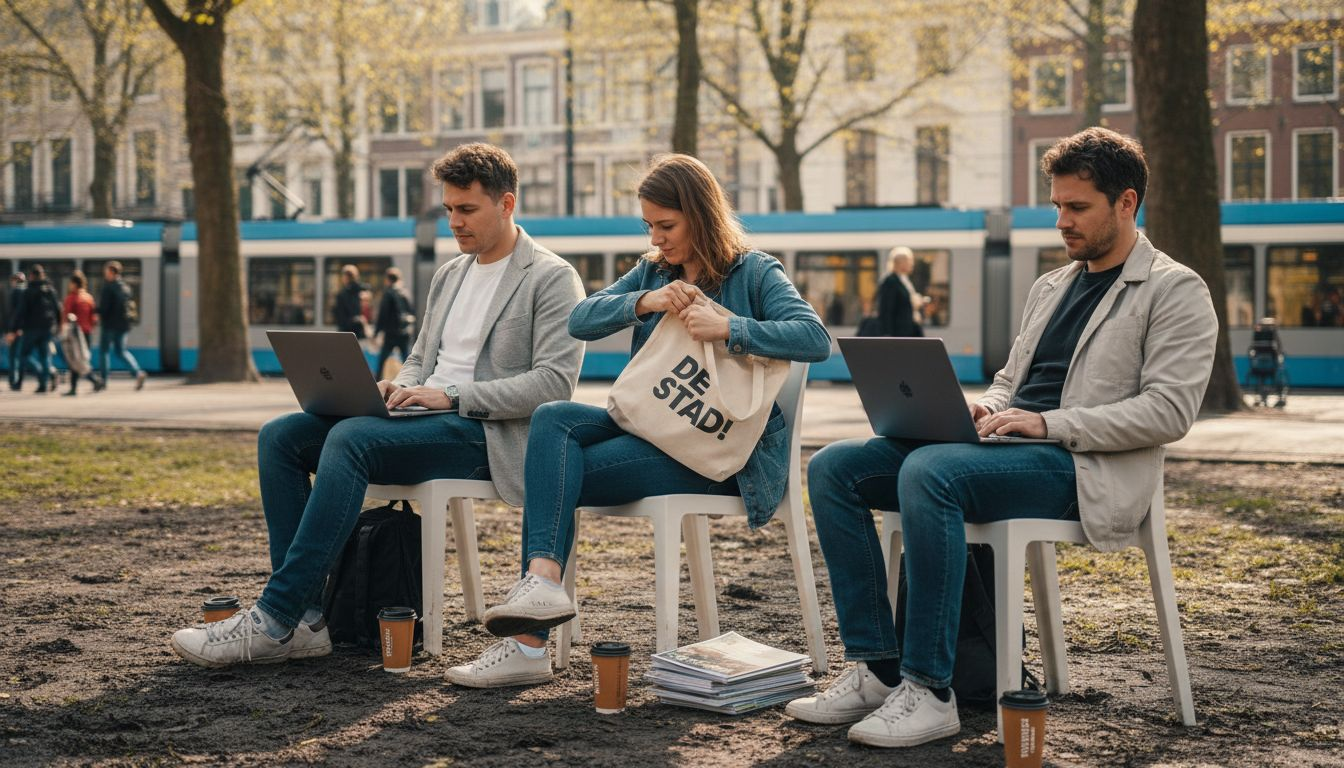 Ondernemers ontmoeten elkaar voor een informeel netwerkgesprek in het stadspark