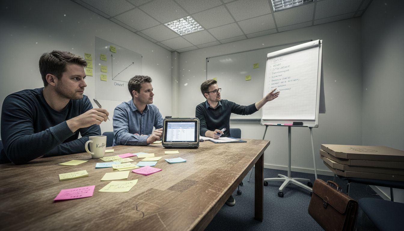 Het team zit samen aan tafel om te sparren over de bedrijfsstrategie.