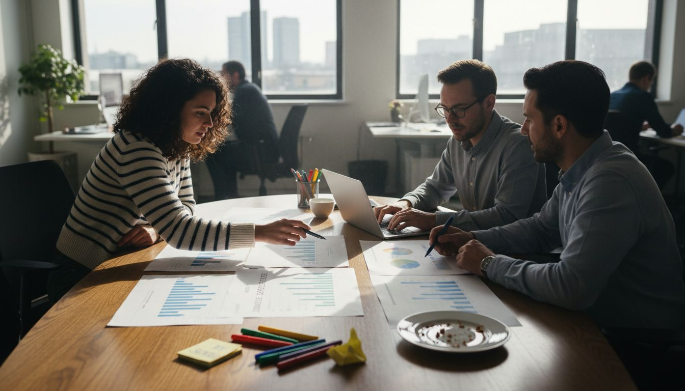 Het team zit samen aan tafel om de doelstellingen te bespreken.
