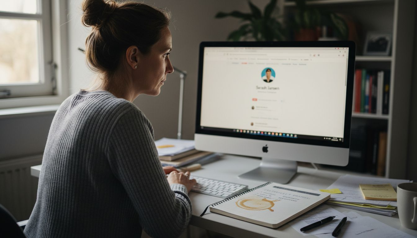 Een vrouw werkt op kantoor aan haar LinkedIn-profiel.