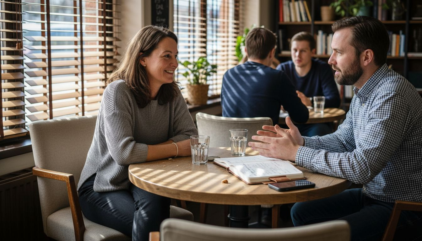 Een informeel gesprek met collega’s aan de koffietafel, waar je even bijpraat en ideeën uitwisselt.