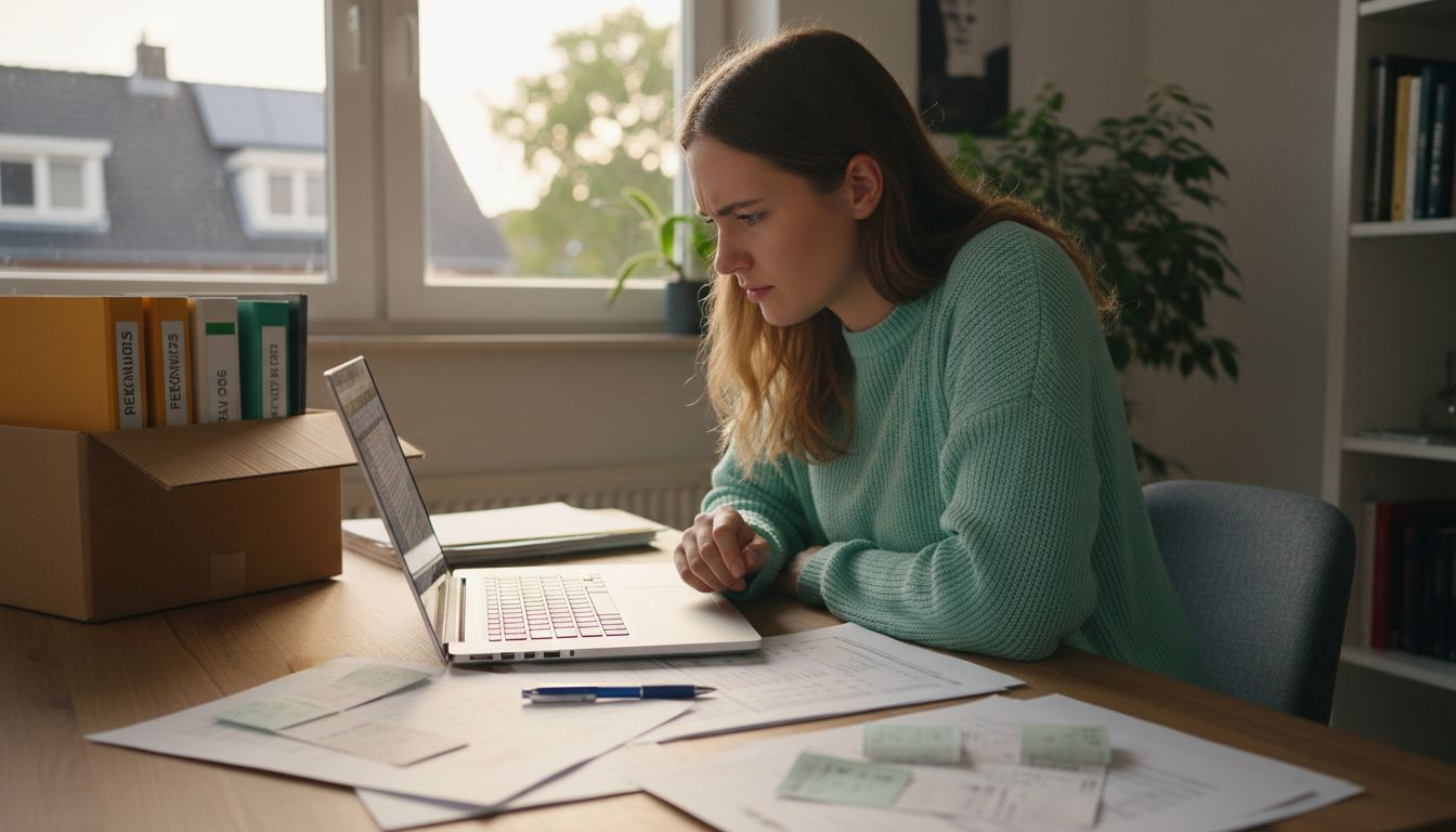Een vrouw werkt thuis en bekijkt een spreadsheet op haar laptop.