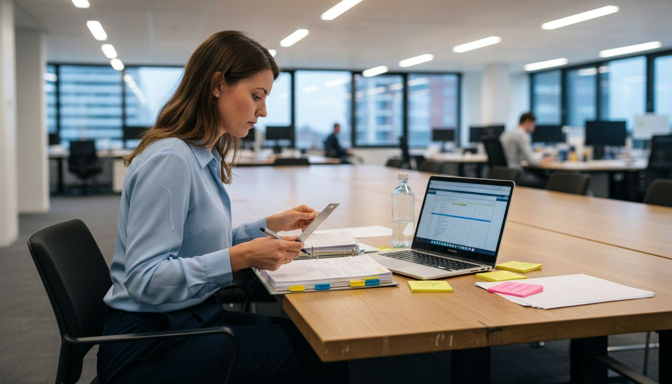 Vrouw brengt orde aan in informatie voordat ze een zakelijke e-mail opstelt.