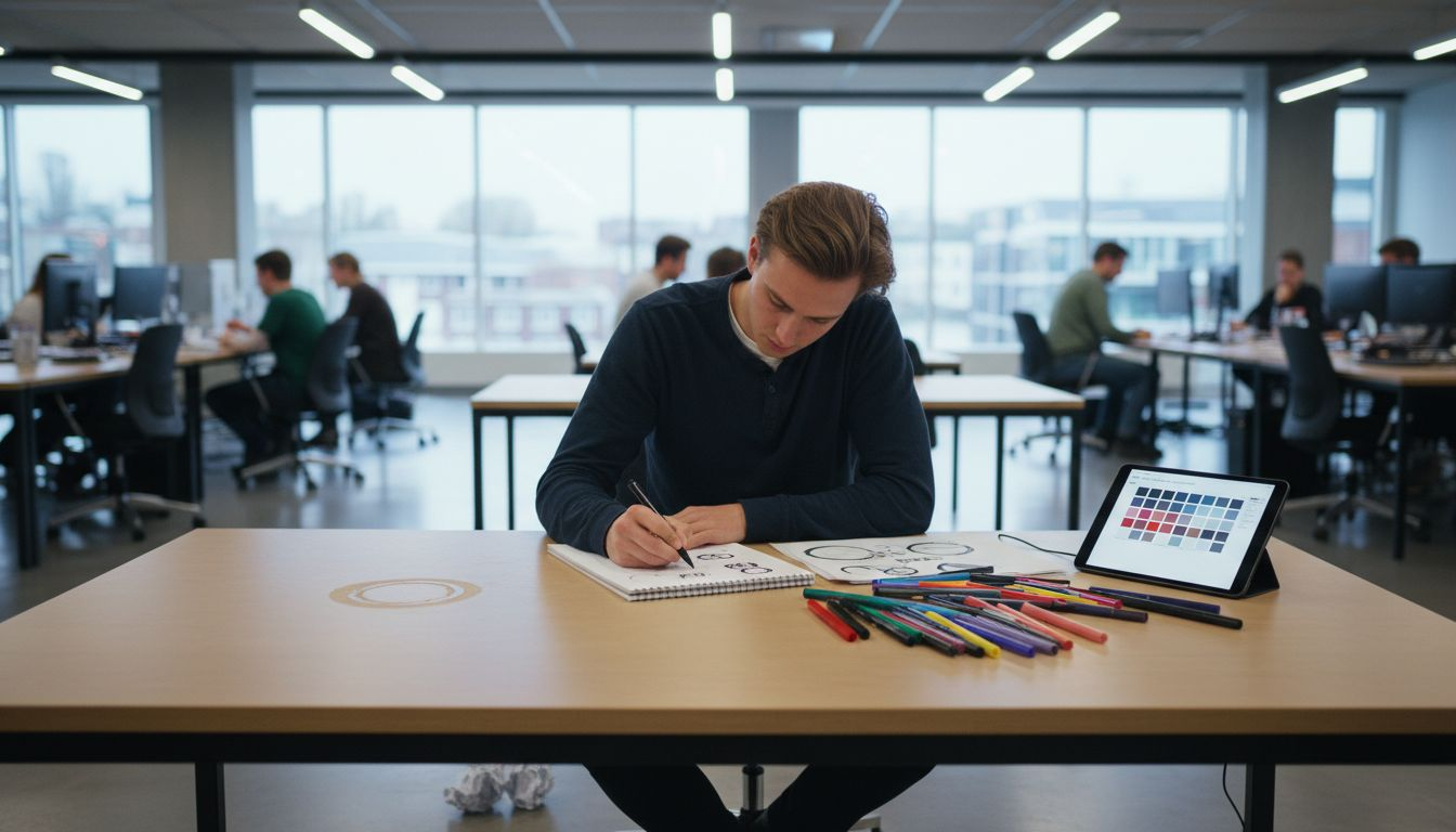 Aan een chaotisch bureau schetst een ondernemer de eerste ontwerpen voor zijn logo’s.