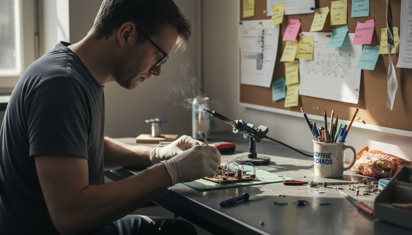 Een ingenieur bekijkt een nieuw hardwareprototype in het lab om te controleren of alles naar behoren werkt.
