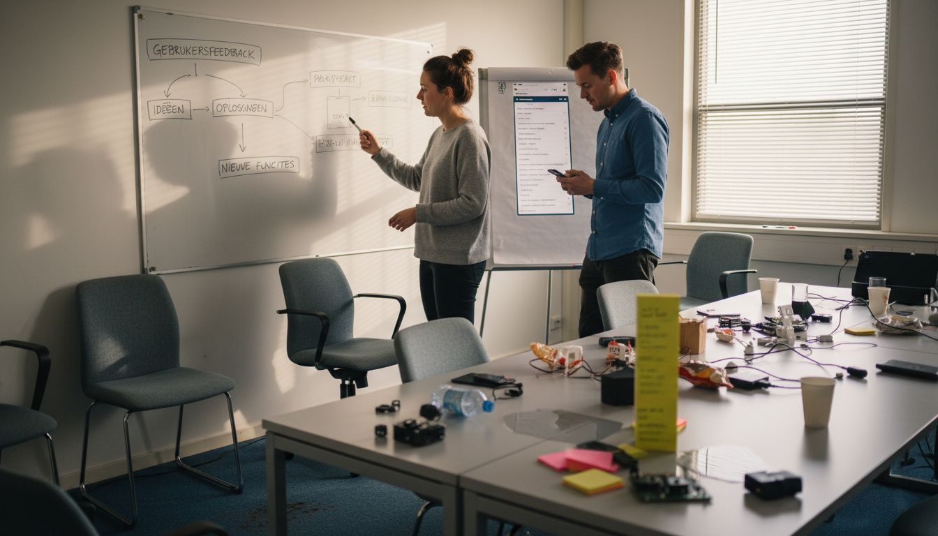 Een startup-team bespreekt samen in de vergaderruimte hoe ze hun eerste versie van het product gaan vormgeven.