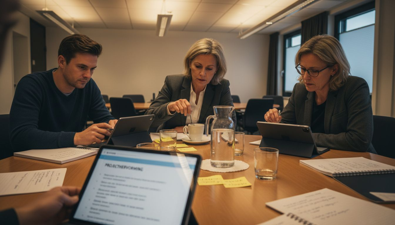 Een groep deelnemers buigt zich samen over de ontwikkeling van een nieuw product.