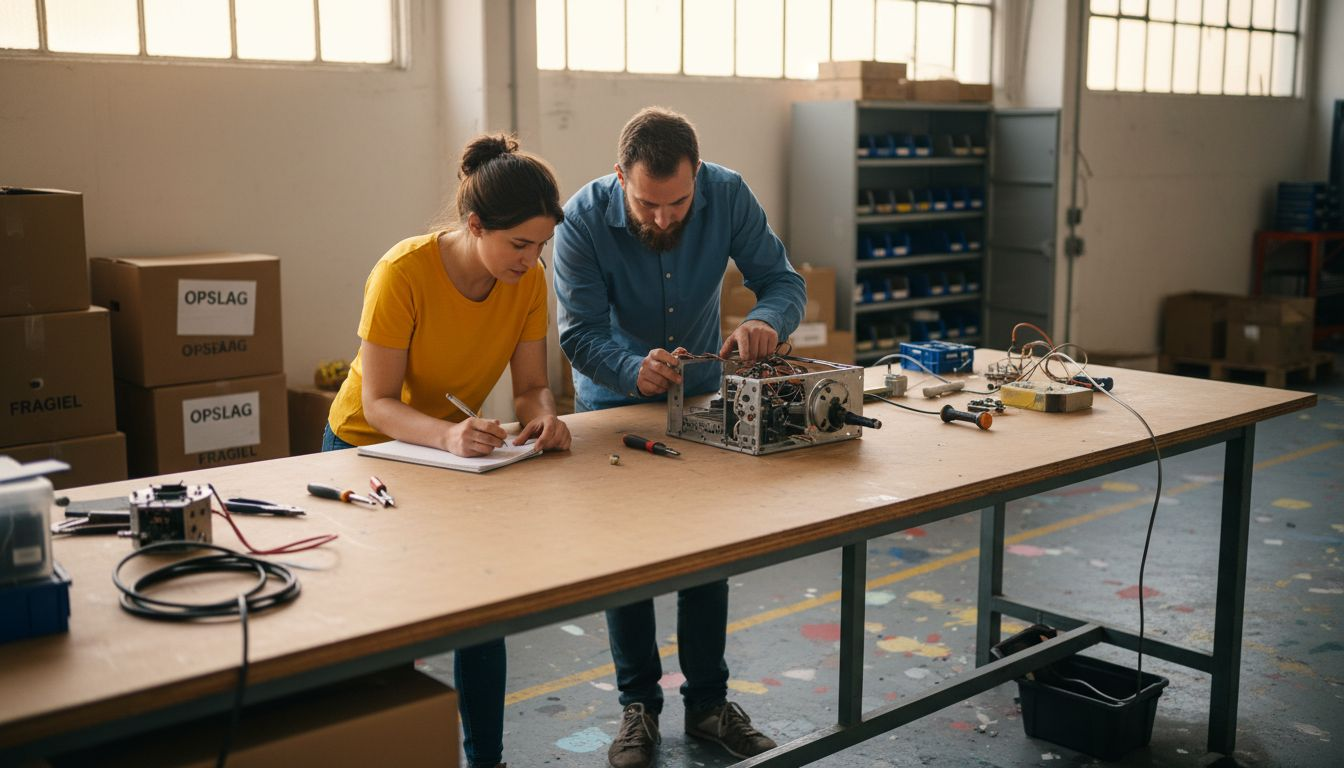 Het team staat in het magazijn en bespreekt samen het prototype.