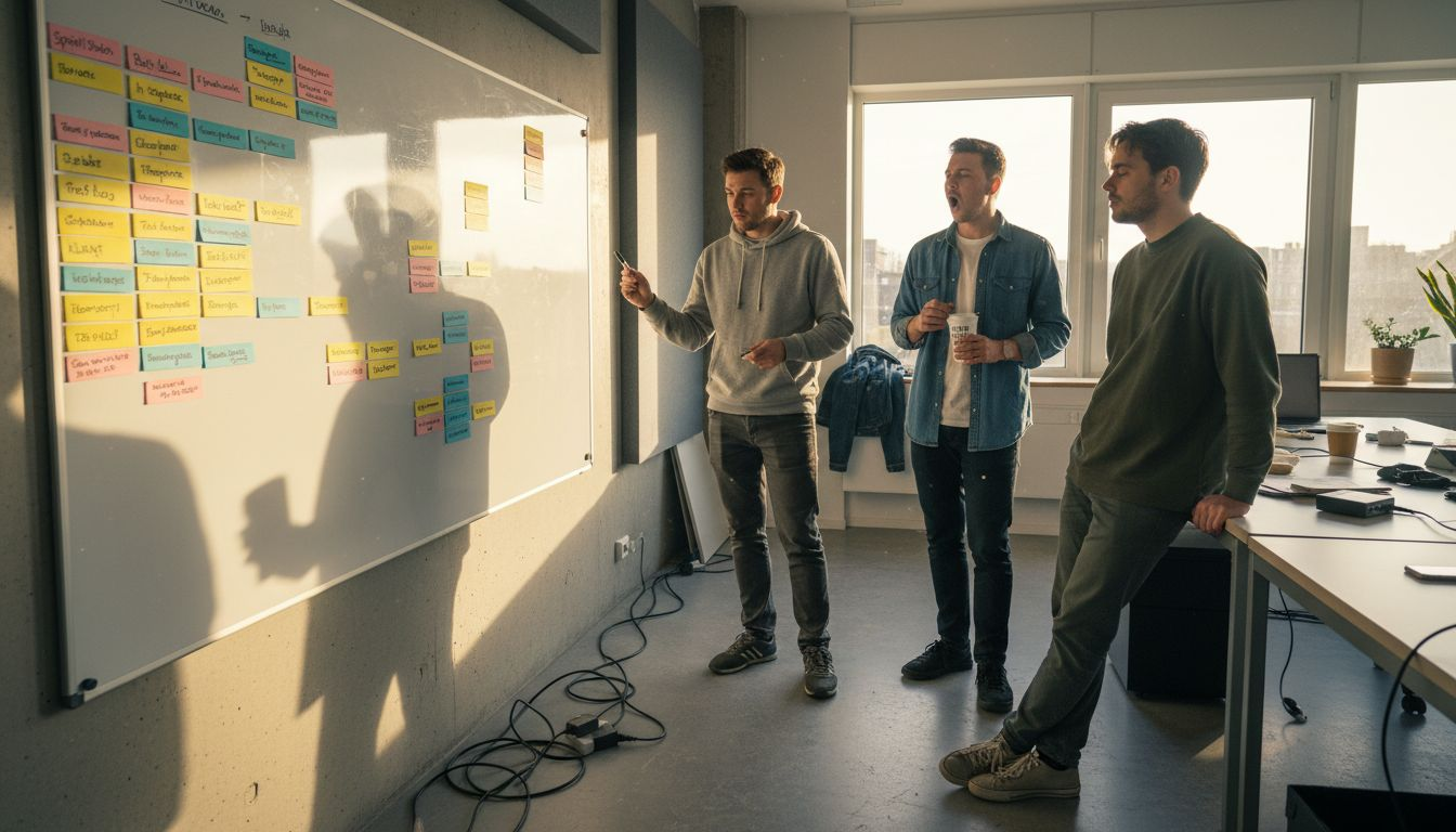 Dagelijkse stand-up bij het scrum-bord op kantoor