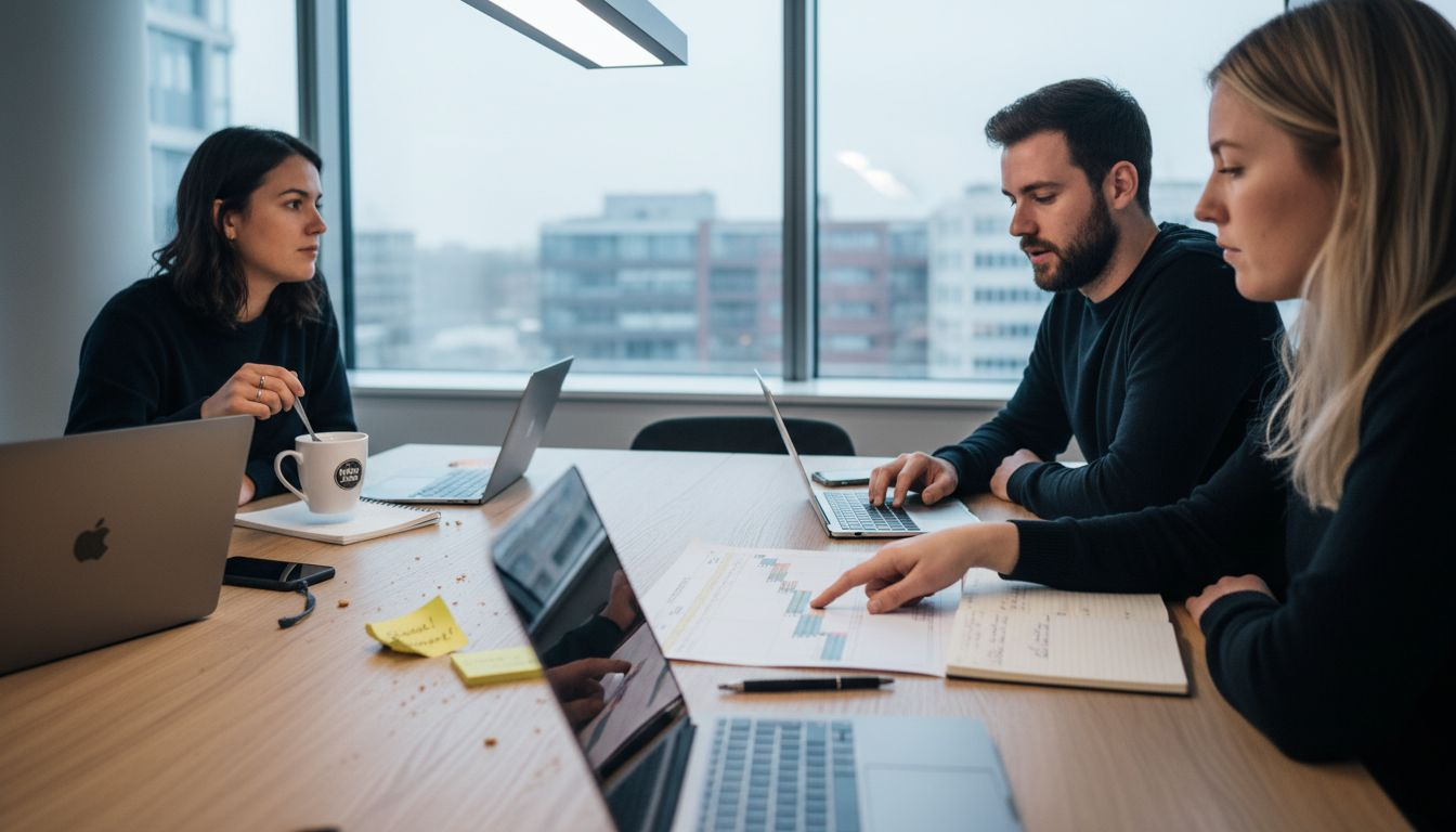 Het team zit samen aan tafel om de bedrijfsprocessen te bespreken.