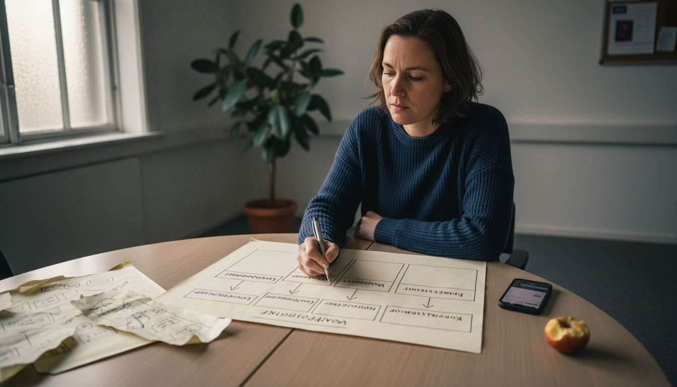 Zakenvrouw werpt een kritische blik op haar businessmodel.