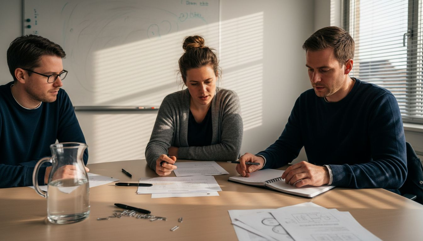 Het team zit bij elkaar in de vergaderzaal om de strategie te bespreken.