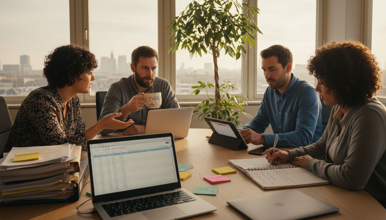 Het team komt samen in de vergaderruimte om met elkaar van gedachten te wisselen over de bedrijfsdoelen.