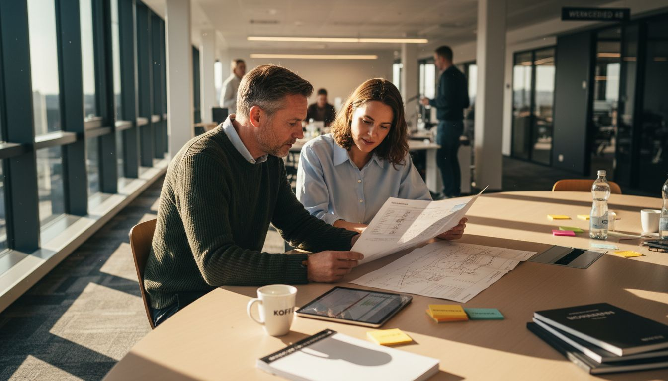 Een team buigt zich over een schema voor een schaalbaar verdienmodel.