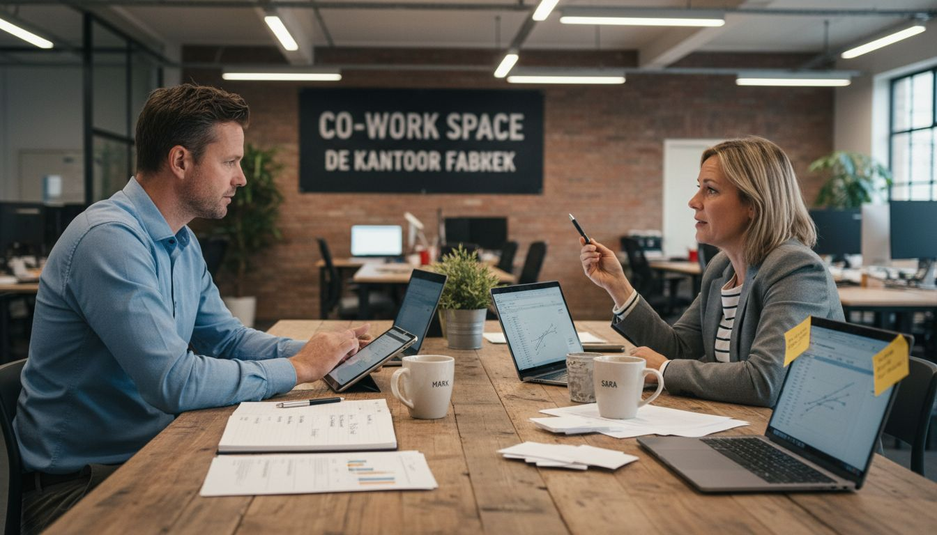 Twee ondernemers zitten samen om de tafel om te sparren over de groei van hun bedrijf.