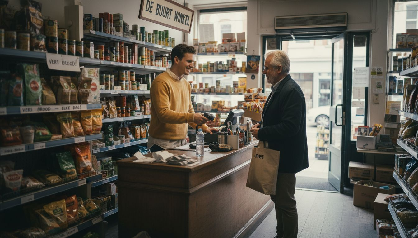 Een ondernemer staat zijn klant persoonlijk te woord in een gezellige buurtwinkel.
