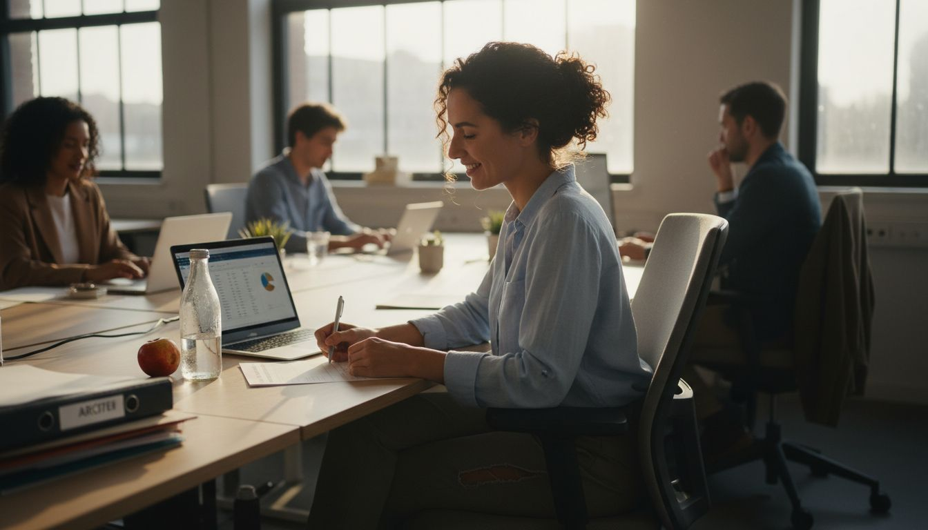 Een medewerker vult feedbackformulieren in terwijl hij aan zijn bureau in een open kantoorruimte zit.