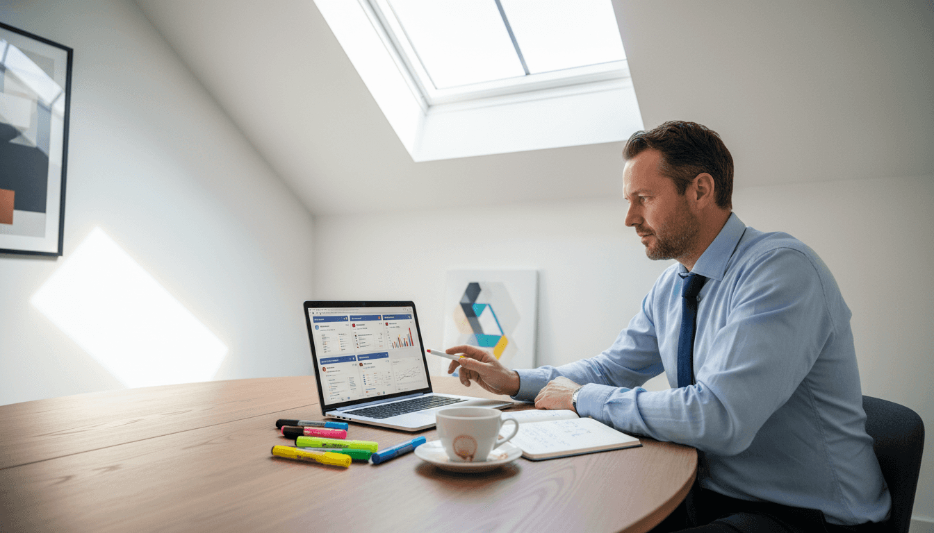 Een ondernemer bespreekt de verschillende socialmediakanalen tijdens een teamoverleg.