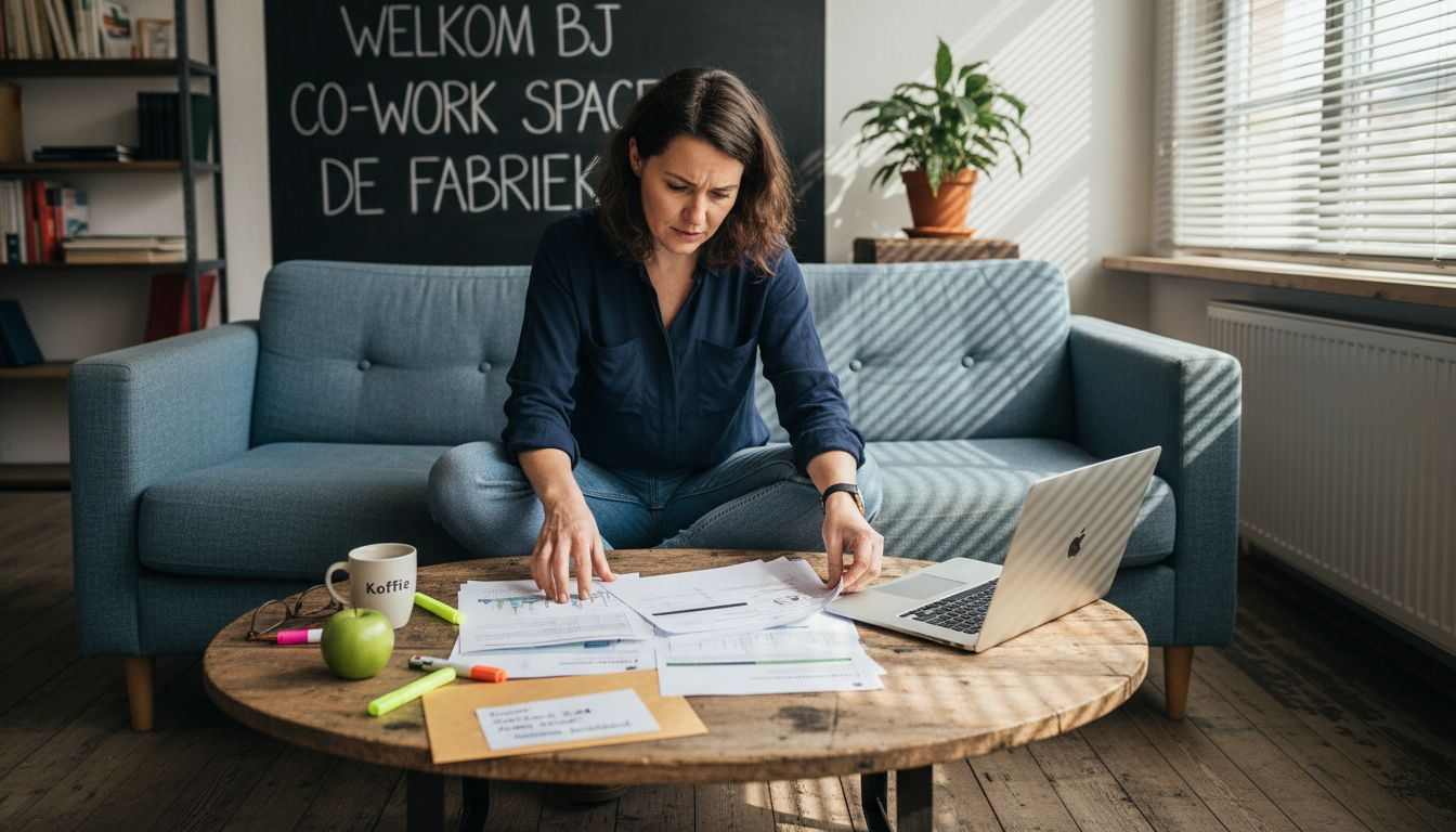 Een vrouw bekijkt en vergelijkt verschillende businessplan formats terwijl ze ontspannen in de lounge zit.