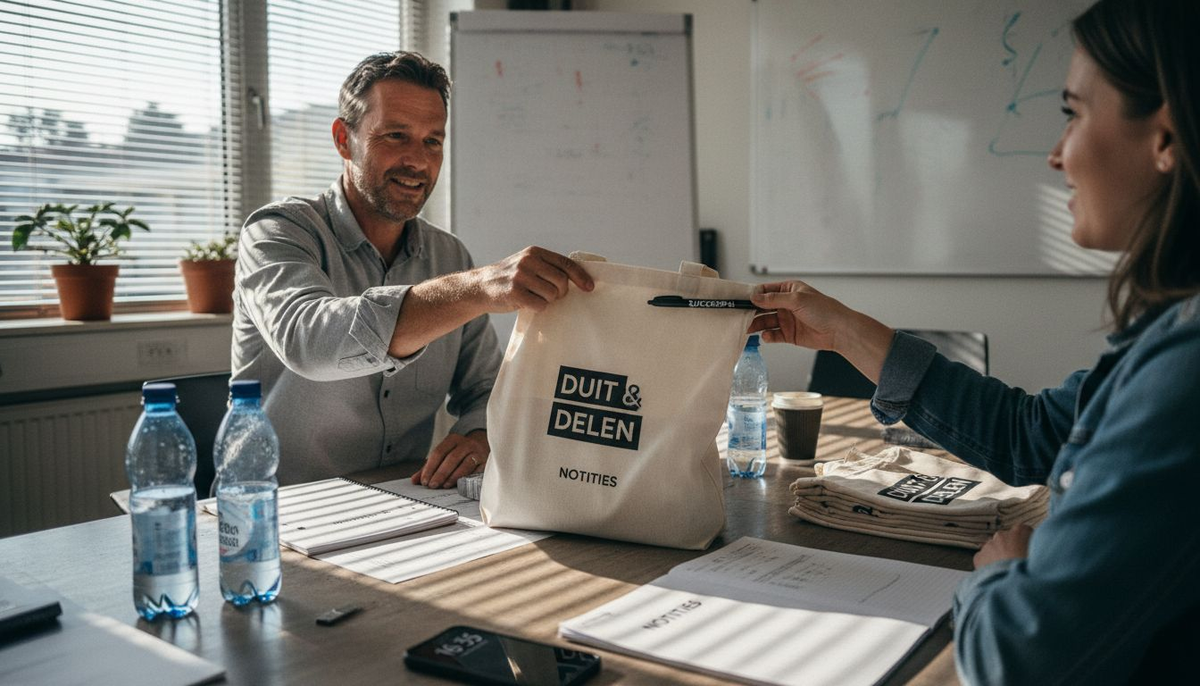 Een ondernemer verrast een collega met een attent relatiegeschenk.