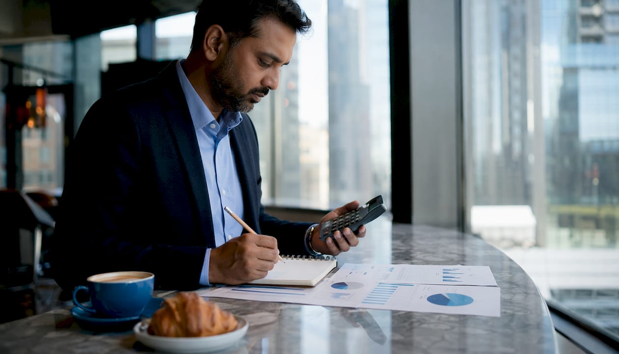 Businessman analyzing stock market valuation reports