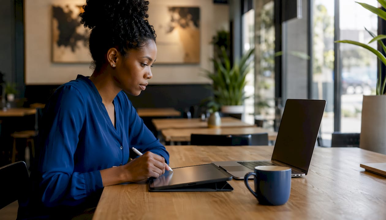 Investor reviewing market dashboard in home office