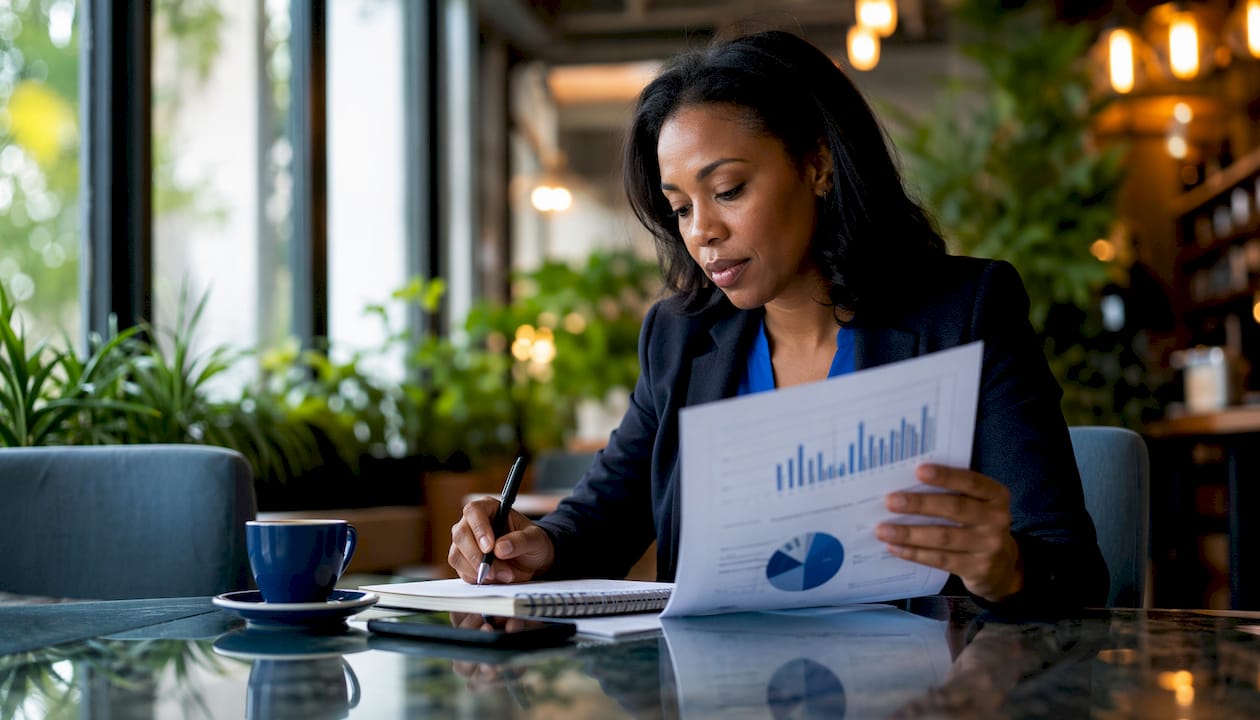 Financial analyst reviewing market data at desk