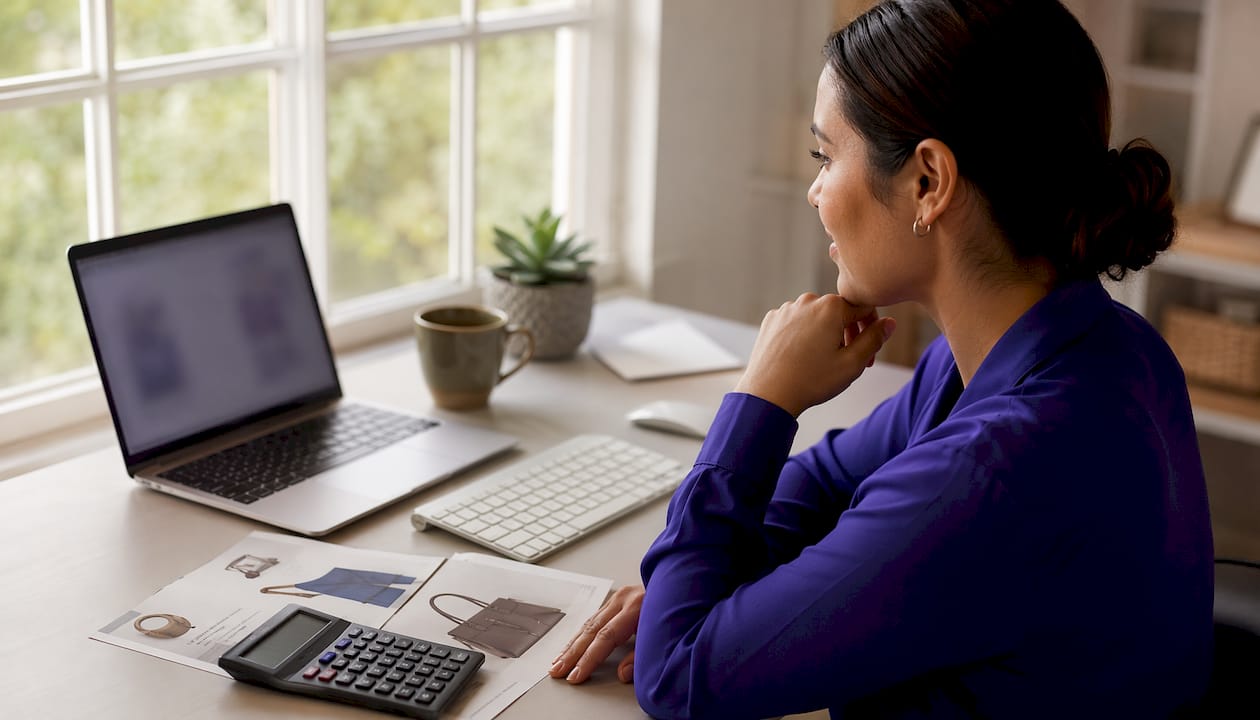 Woman working on Amazon reseller tools at desk