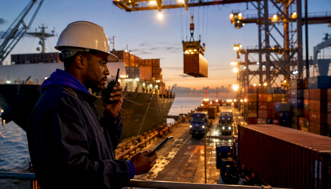 Logistics coordinator overseeing container loading at port