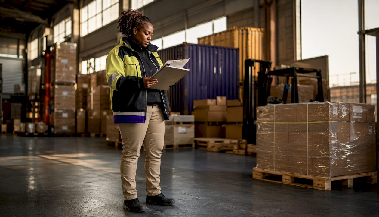 Warehouse manager reviewing landed cost documents