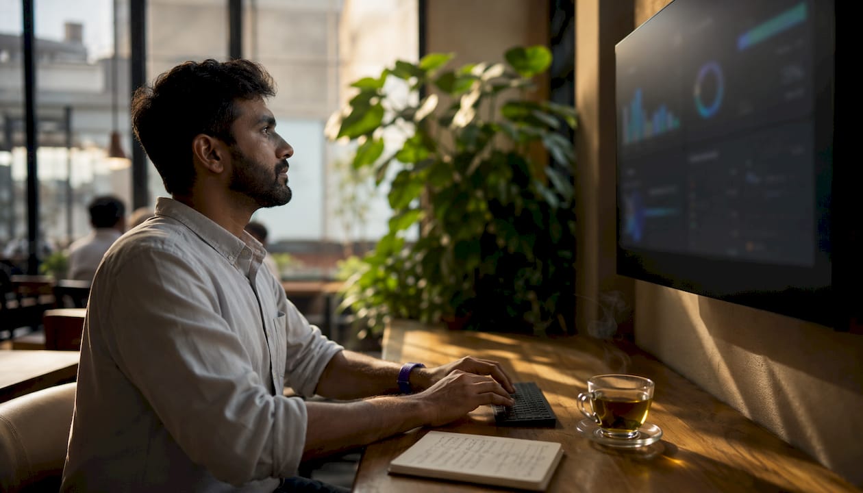 Man analyzing data dashboards in home office