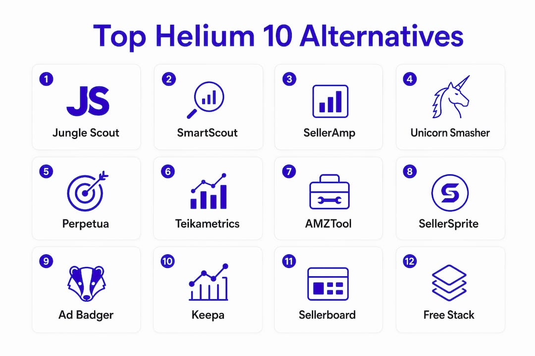 Infographic ranking top Helium 10 alternative tools