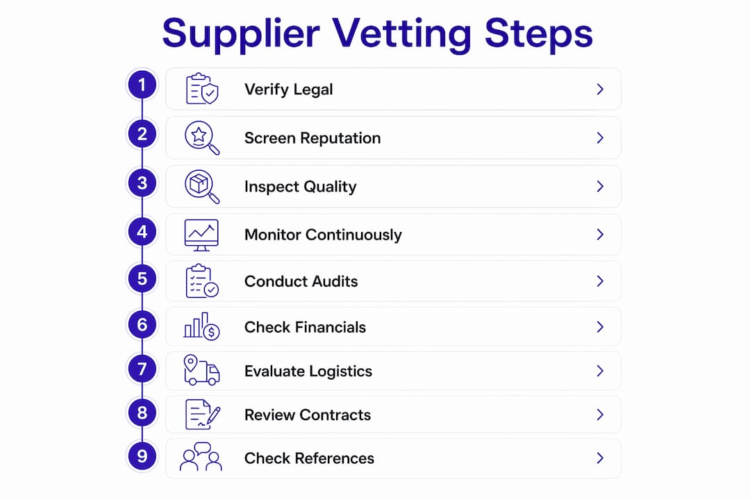 Infographic showing supplier vetting step-by-step checklist